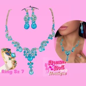 🌹 Stunning Turquoise Blue Jewelry Set 🌹 Lariat Necklace Earrings & Ring Sz 7